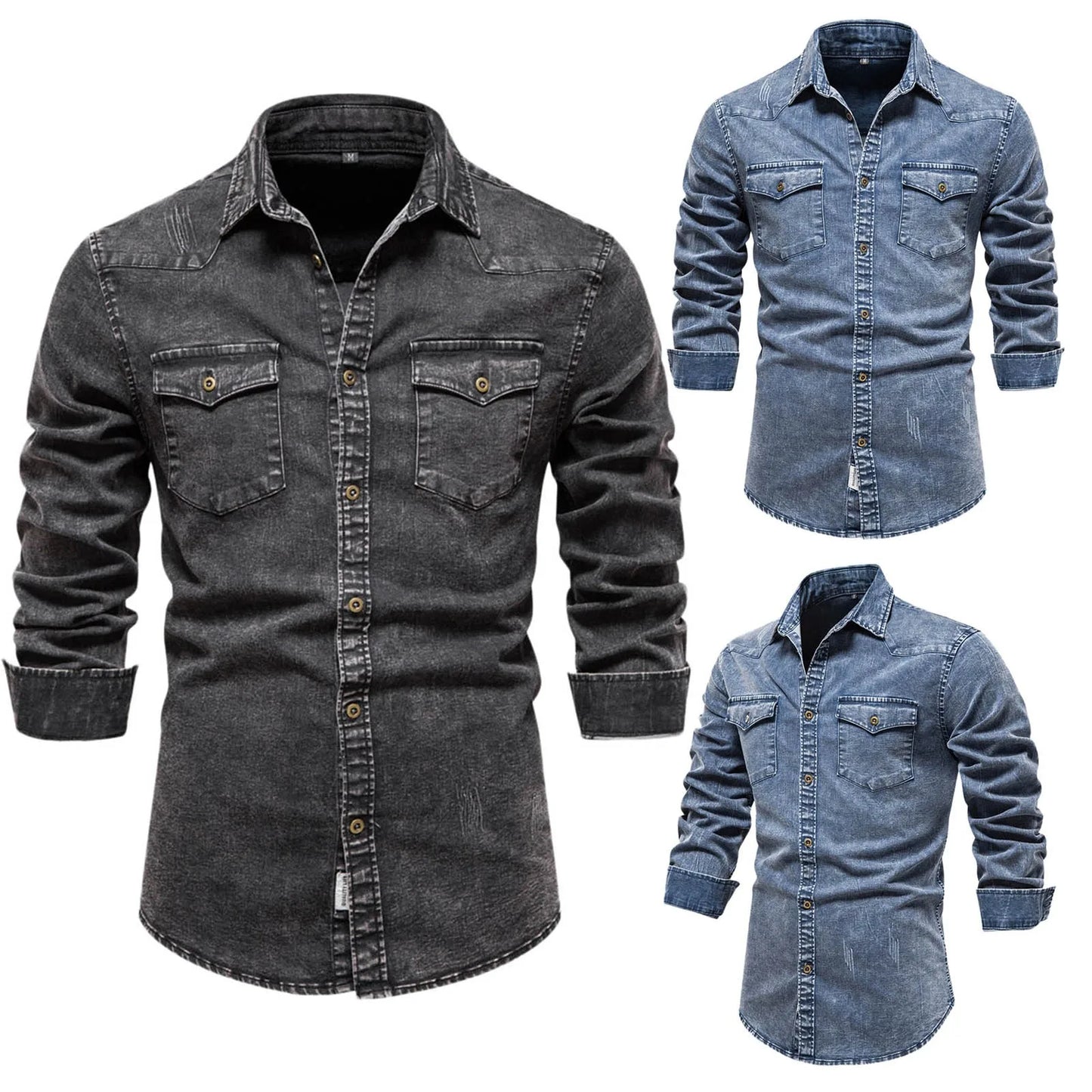 Men's Black/Blue Washed Classic Slim Pocketed Long Sleeve Denim Jean Shirt
