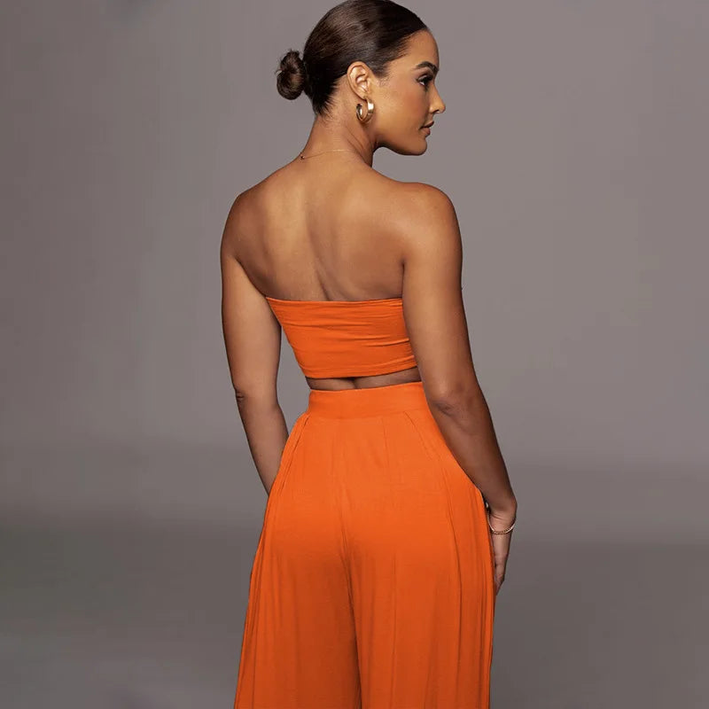 Sleeveless Bowknot Design Tube Top+ Wide Leg Pants Women's Solid Color 2-Piece Set