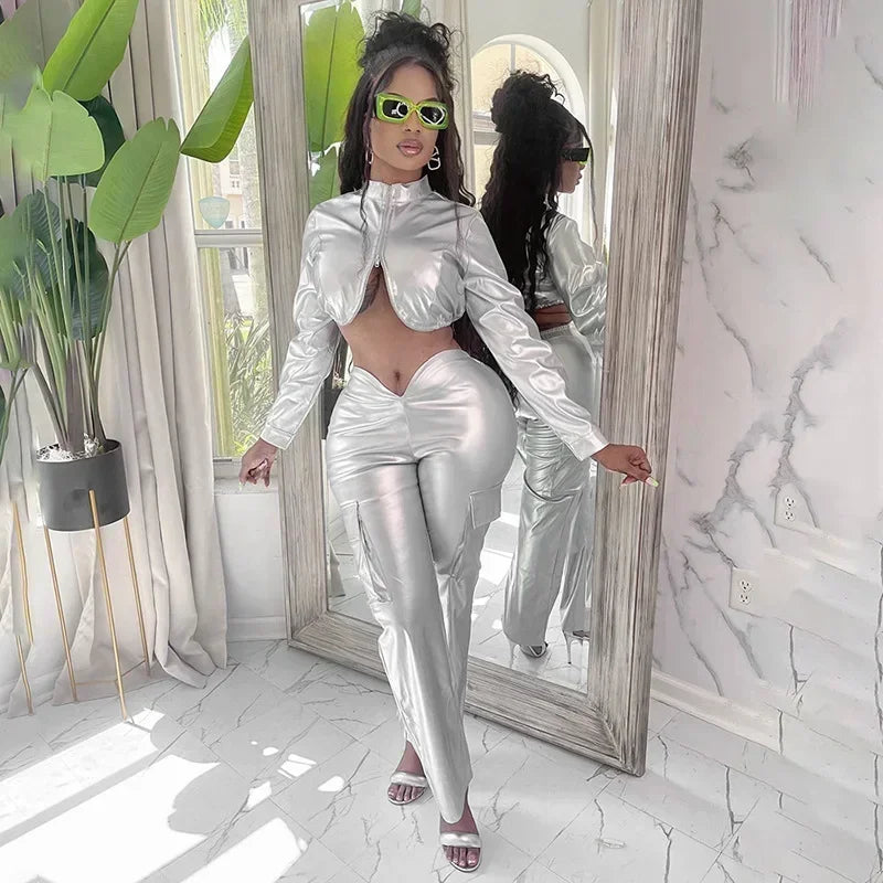 Metallic Silver Women's PU Leather Long Sleeve Cropped Zipper Jacket + Low Waist Pocketed Cargo Pants