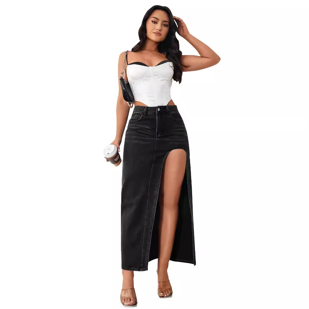 Denim High Slit Low Waist Distressed Bodycon Wrapped Long Jean Maxi Streetwear Skirt