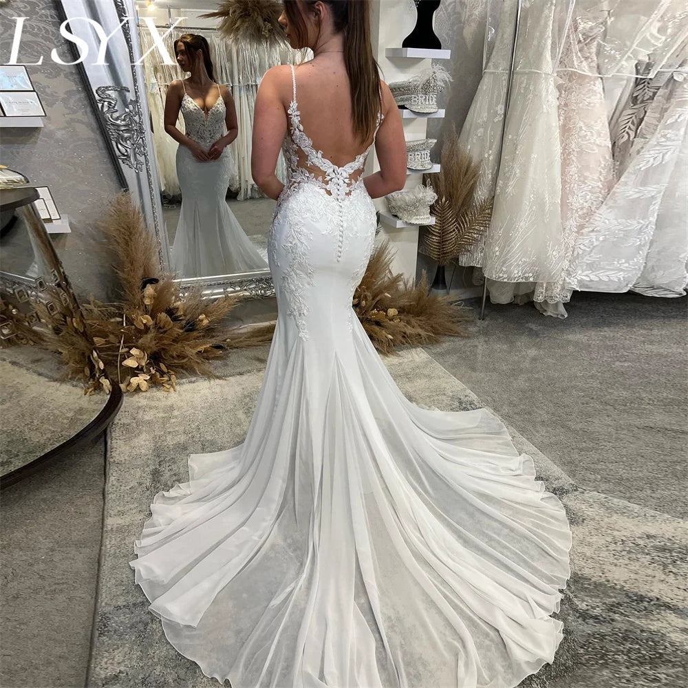 Chiffon V-Neck Sleeveless Mermaid Spaghetti Strap Court Train Cut-Out Back Bridal Wedding Gown Dress