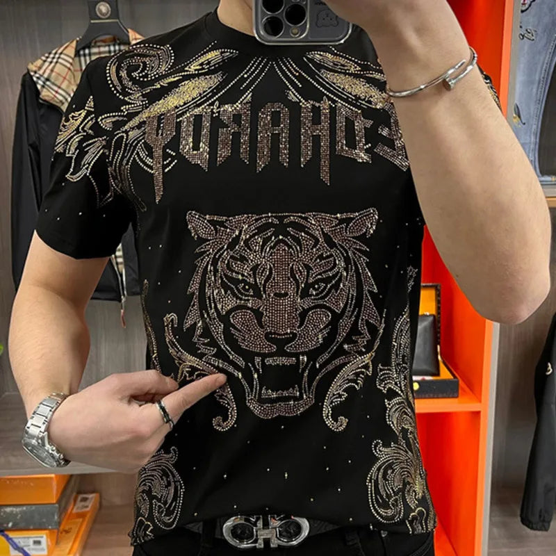 Men's Gold Gillter Rhinestone Hot Drill Tiger Pattern Short Sleeve T-Shirt