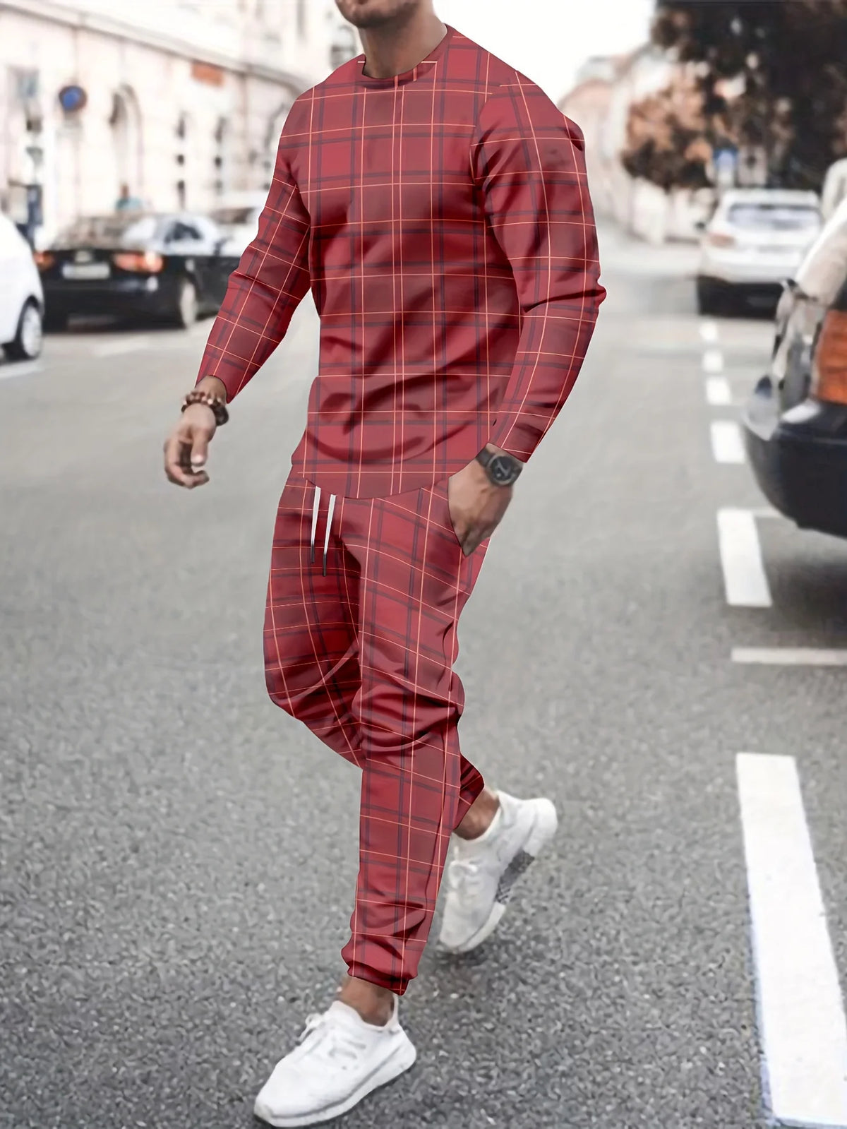 Men's Hip-Hop Rainbow/Gradient/Colorblock/Plaid Checker Print Long Sleeve T-Shirt + Pants Sportswear 2-Piece Set
