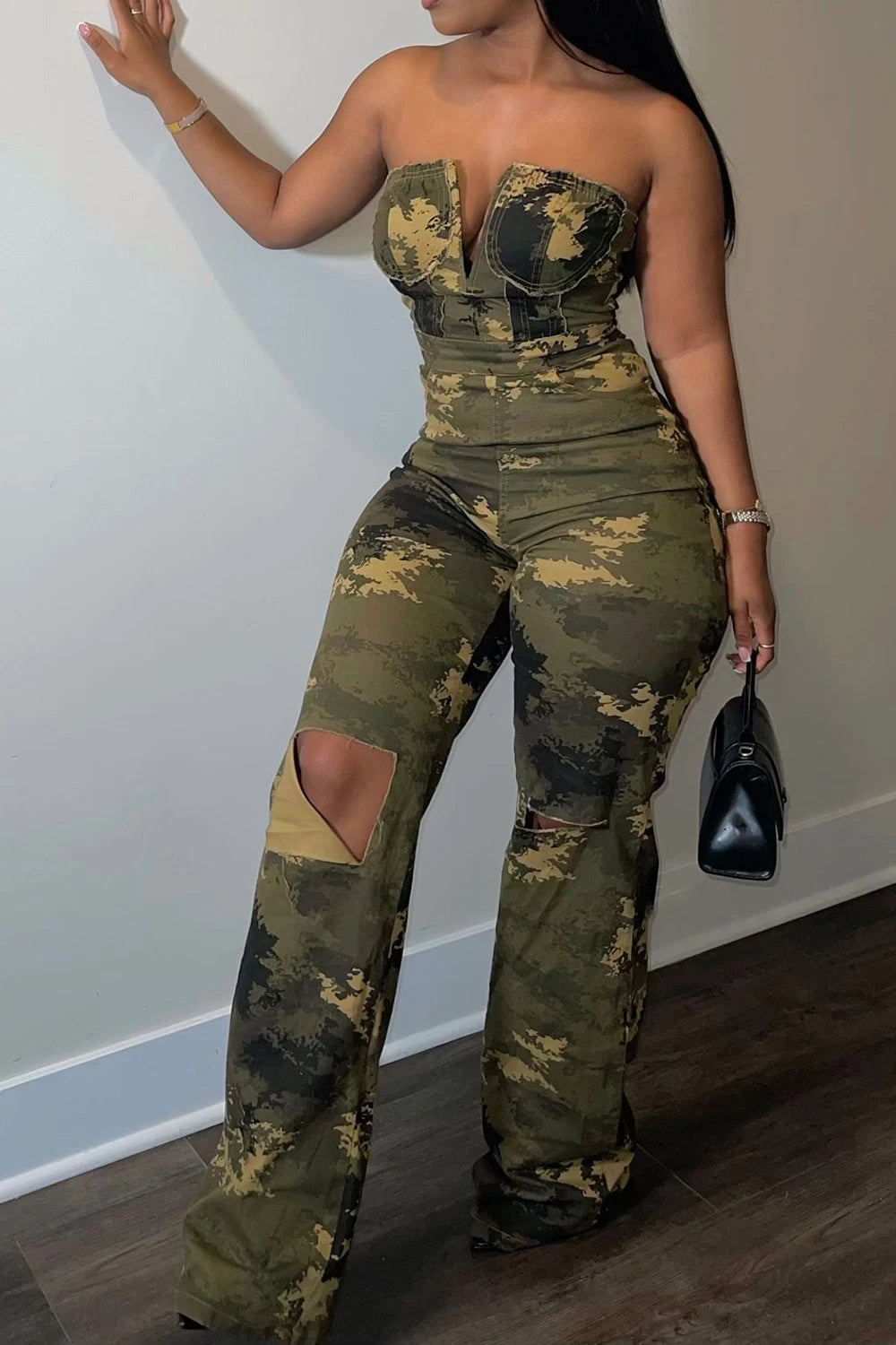 Camoflauge Hollow-Out Strapless Sleeveless Ripped Zipper Back Women's Tube Jumpsuit