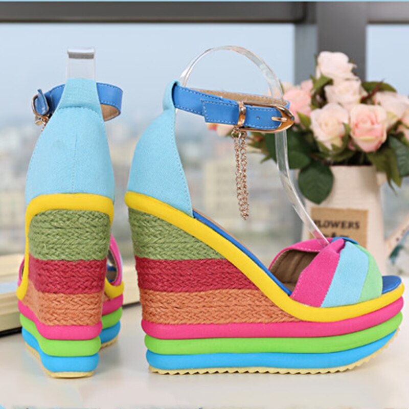 Rainbow Striped Peep Toe Platform Bowknot Hemp Bottom Buckle Ankle Strap Wedge Sandals