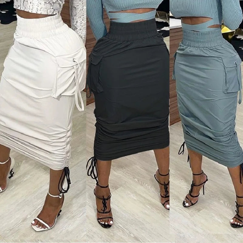 Cargo High Waist Pleated Tie-Up Pocket Pencil Solid Color Skinny Midi Skirt