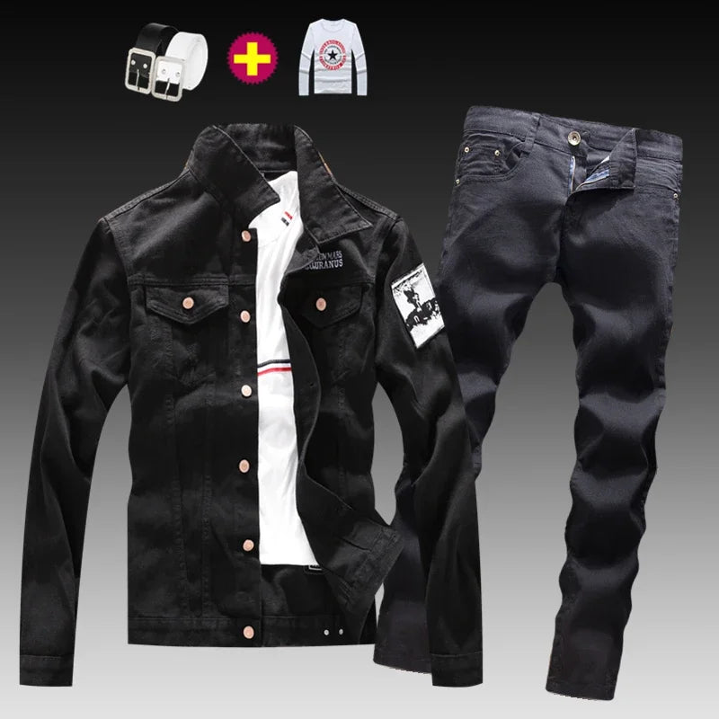 Men's Washed Denim Solid/Peace Sign Patch Design Jean Jacket + Ruched Skinny Jeans 2-Piece Set
