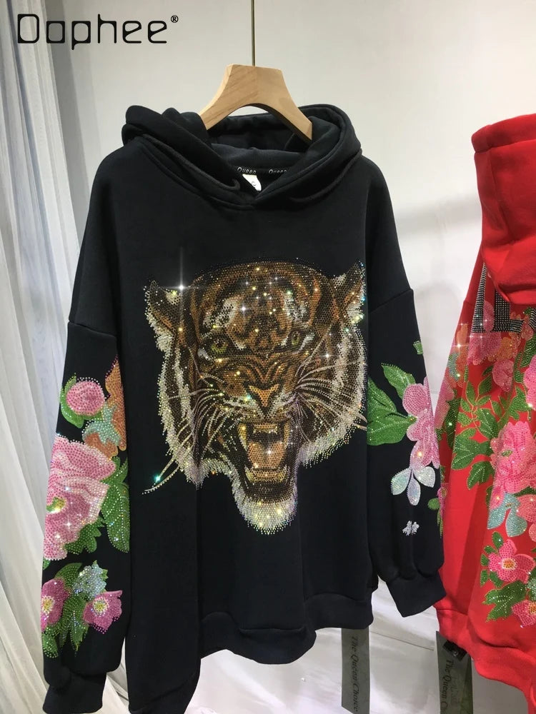 Sparkling 3D Rhinestone Fleece Padded Women's Leopard Tiger Hoodie Sweatshirt