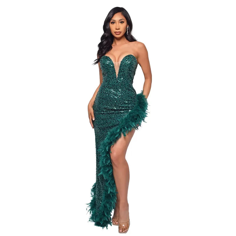 Tube Feather Hem Sparkling Crystal Sleeveless Backless High Side Slit Bodycon Formal Party/Prom Maxi Evening Dress