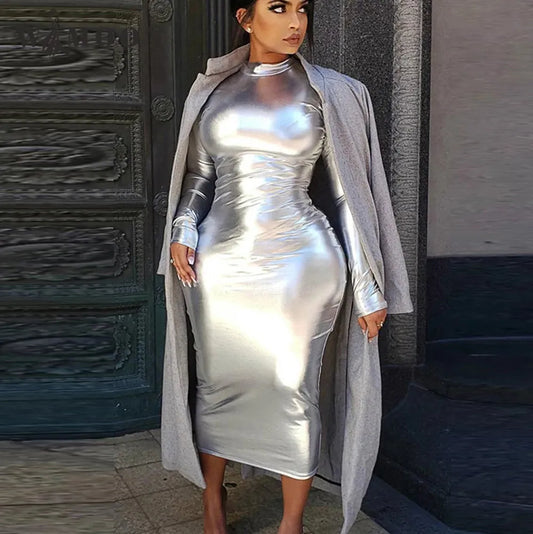 Faux Leather Turtleneck Metallic Gold/Silver Zipper Reflective Glossy Long Sleeve Bodycon Maxi Dress