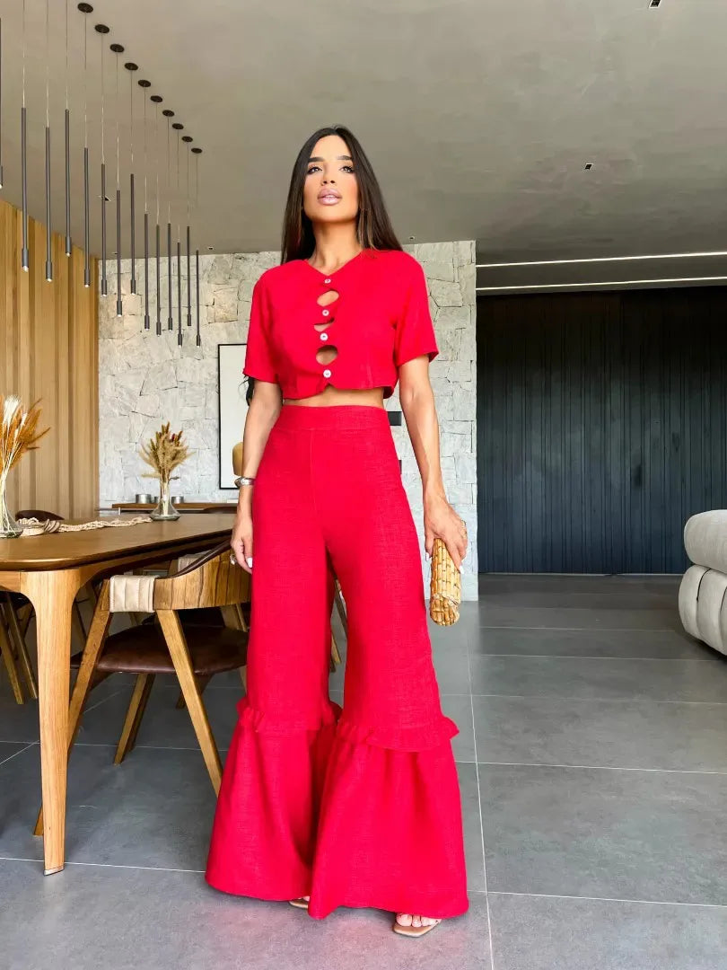 Flower Embroidered Backless High Street Cropped Backless Blazer + Wide Leg Pants Women's Suit or Hollow-Out Short Sleeve or Sleeveless Floral/Solid Jumpsuits