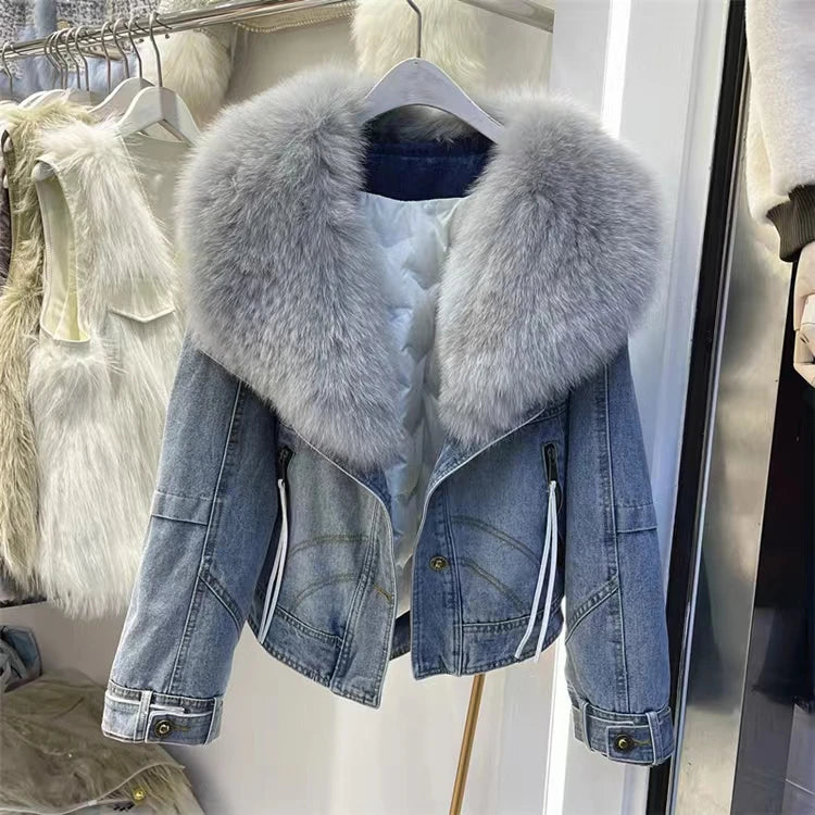 Denim Oversized 100% Real Fox Fur Collar Short Women's Goose Down Puffer Jean Jacket