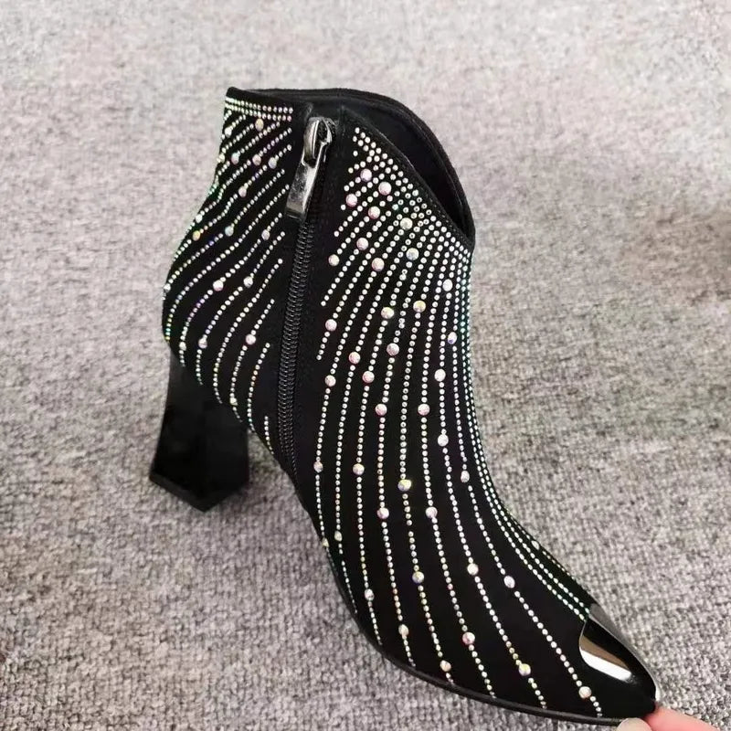 Rhinestone Black Side Zipper Pointed Toe Ankle Boots