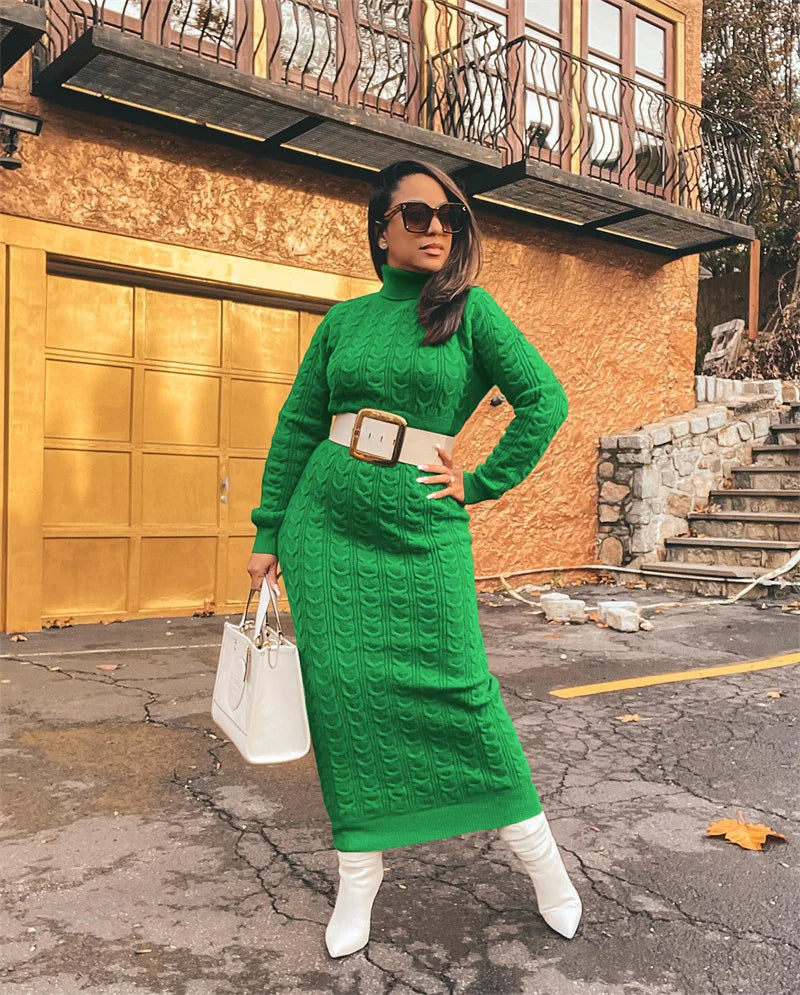 Turtleneck Knitted Weave Pattern Ribbed Sweater Long Sleeve Maxi Dress w/ Belt