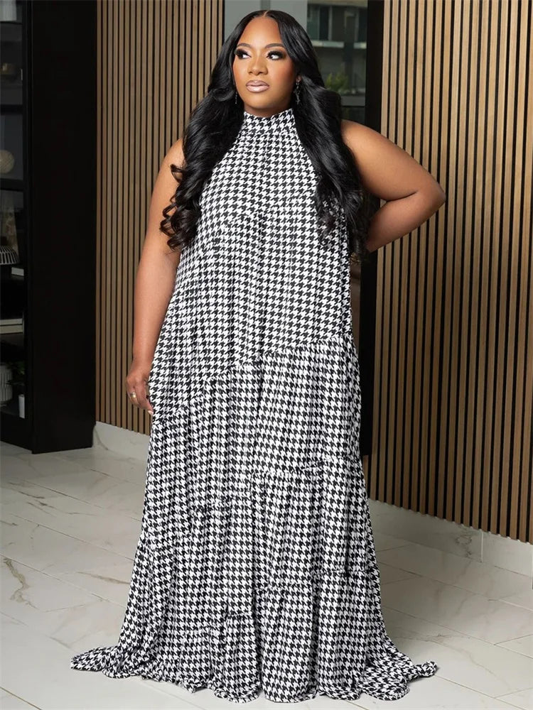 Ruffled Loose Oversized Colorblock Striped/Plaid/Flower Print Sleeveless O-Neck Bandage Maxi Dress to 5X Plus Size