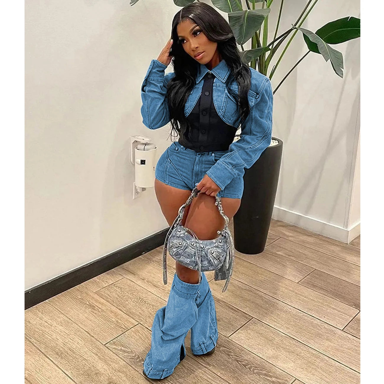 Denim Ladies Cropped Jean Jacket + Mini Jean Shorts 2-Piece Set