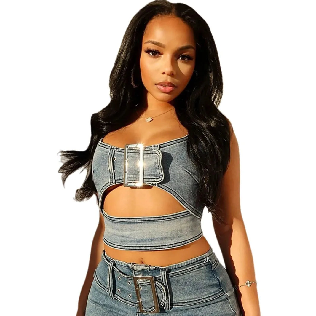 Denim Strapless Belt Buckle Design Crop Top + Matching Mini Skirt 2-Piece Set