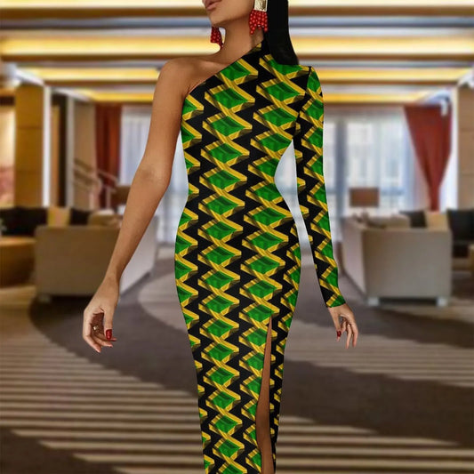 Jamaica Flag Colors Striped/Geometric/Camoflauge High Side Slit One Sleeve Streetwear Bodycon Maxi Dress