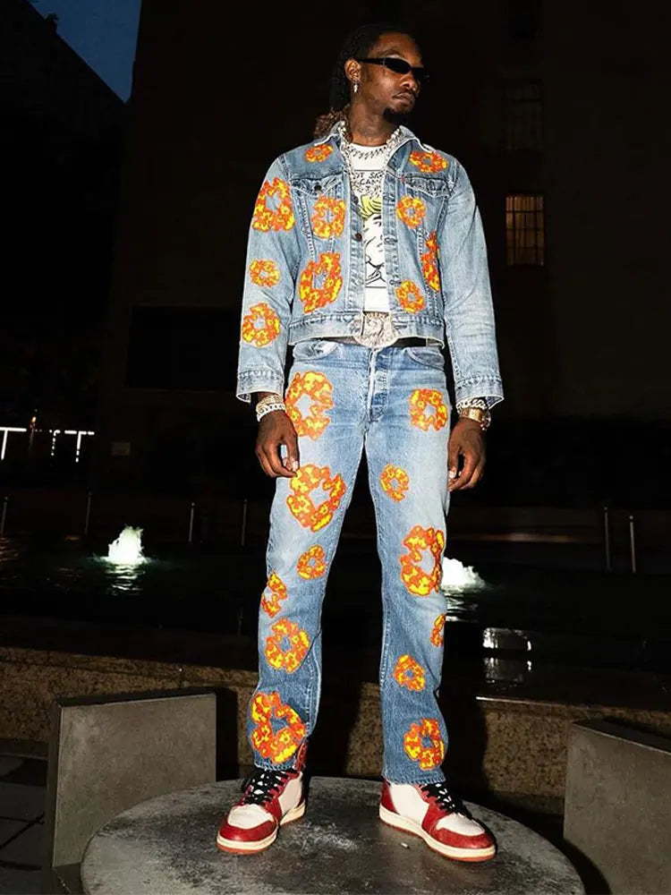 Men's Big Flower Print Retro Denim Lapel Jean Jacket + Jeans 2-Piece Set