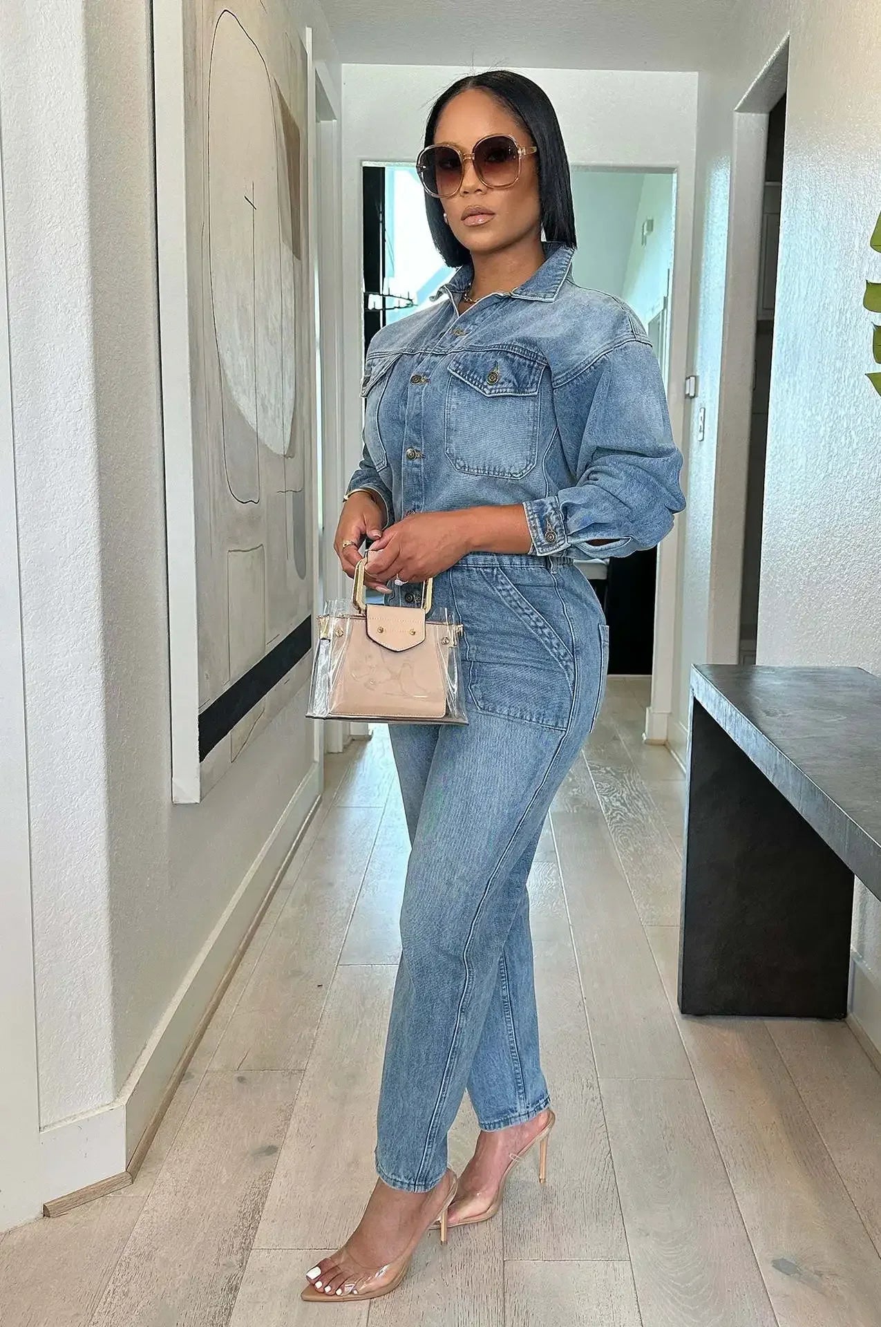 Denim Light Blue Faded Washed Turn-Down Collar Long Sleeve Single Breasted Skinny Romper Jean Jumpsuit
