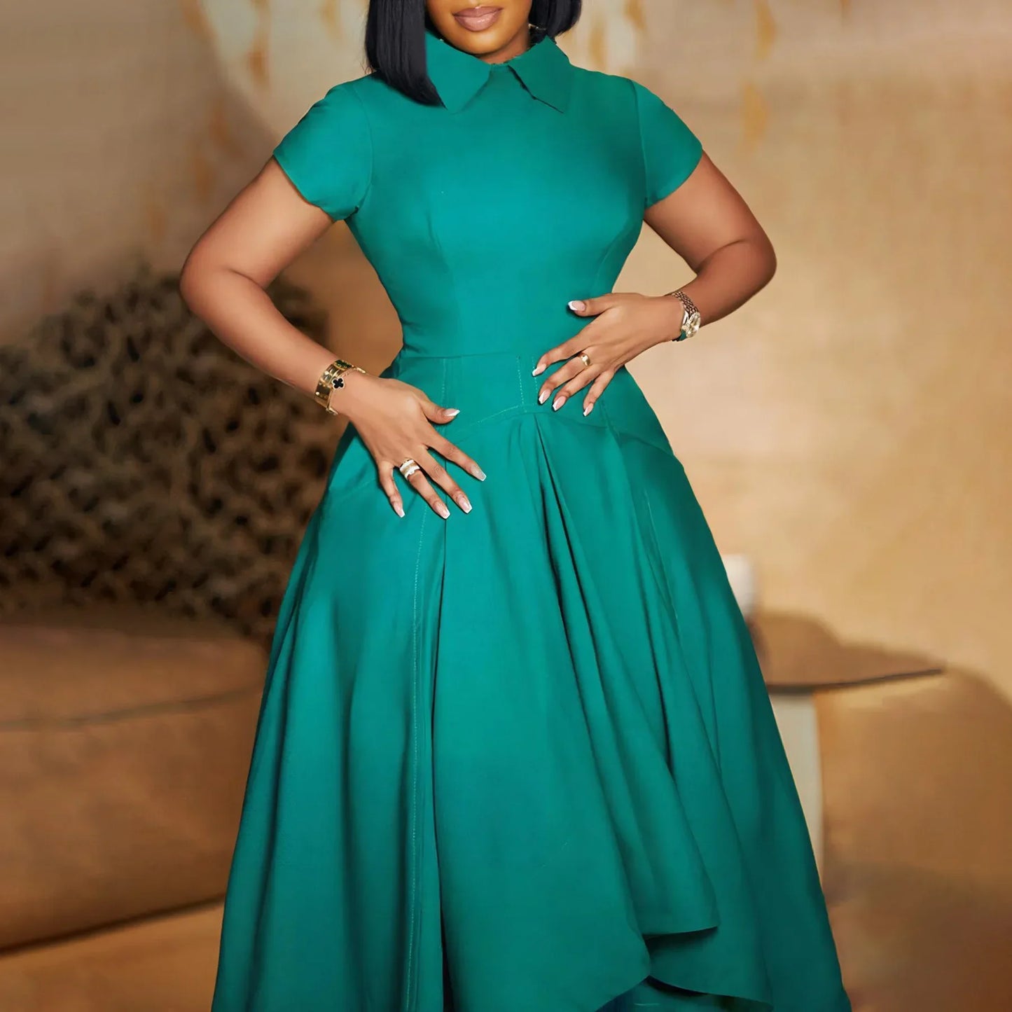 Asymmetrical Hem Turn-Down Collar Temperament Solid Color Short Sleeve High Waist Big Swing Flared Maxi Dress