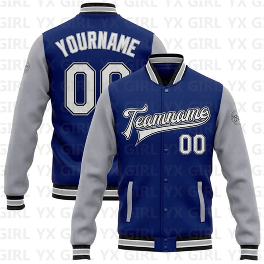 Customized Unisex 3D Letter Print/Team Name Personalized Royal White/Black/Gray Full-Snap Letterman's 2-Tone Baseball Button-Up Varsity Bomber Jacket