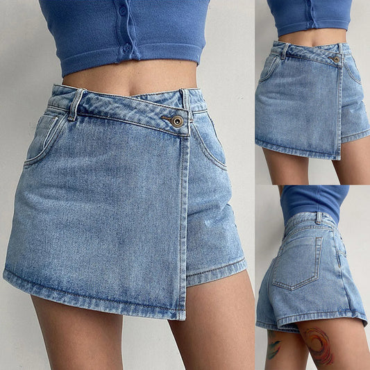 Washed Low Waist Double Layer Denim Jean Skort