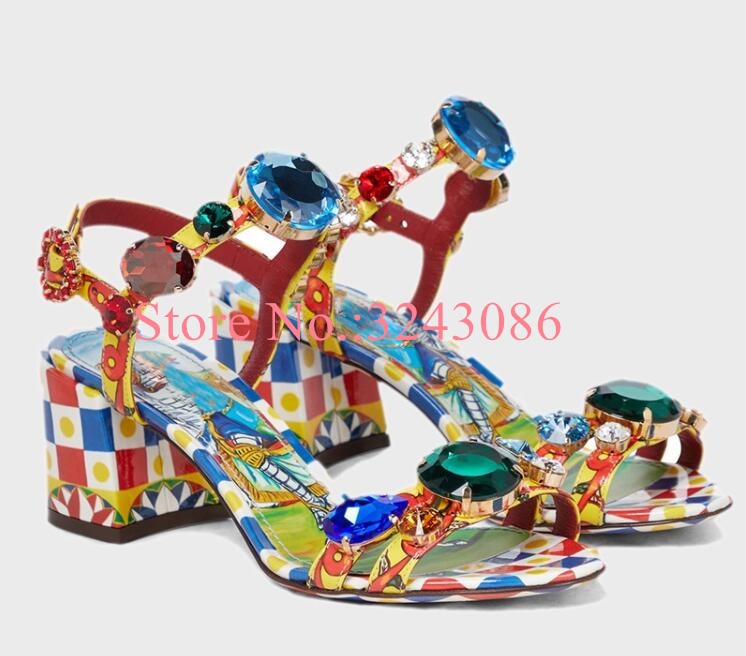 Crystal Chunky Heel Mixed Color Diamond Beach Sandals