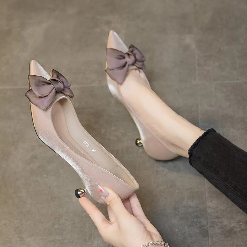 Butterfly Knot Pointed Toe Bowtie Stiletto Low Heel Pumps