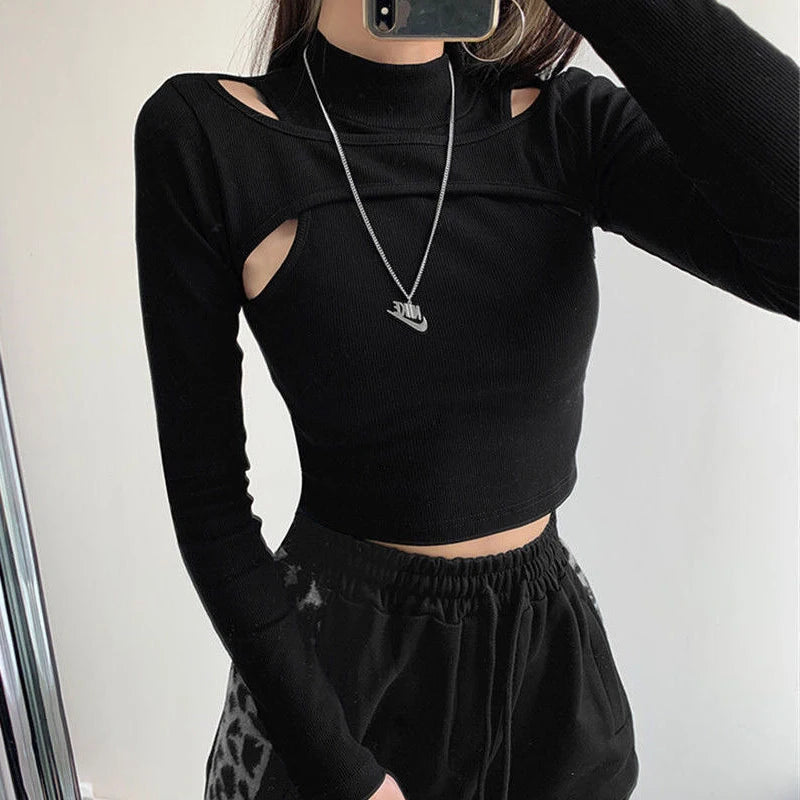 Hollow-Out Knitted Cropped Long Sleeve Women's Shirt