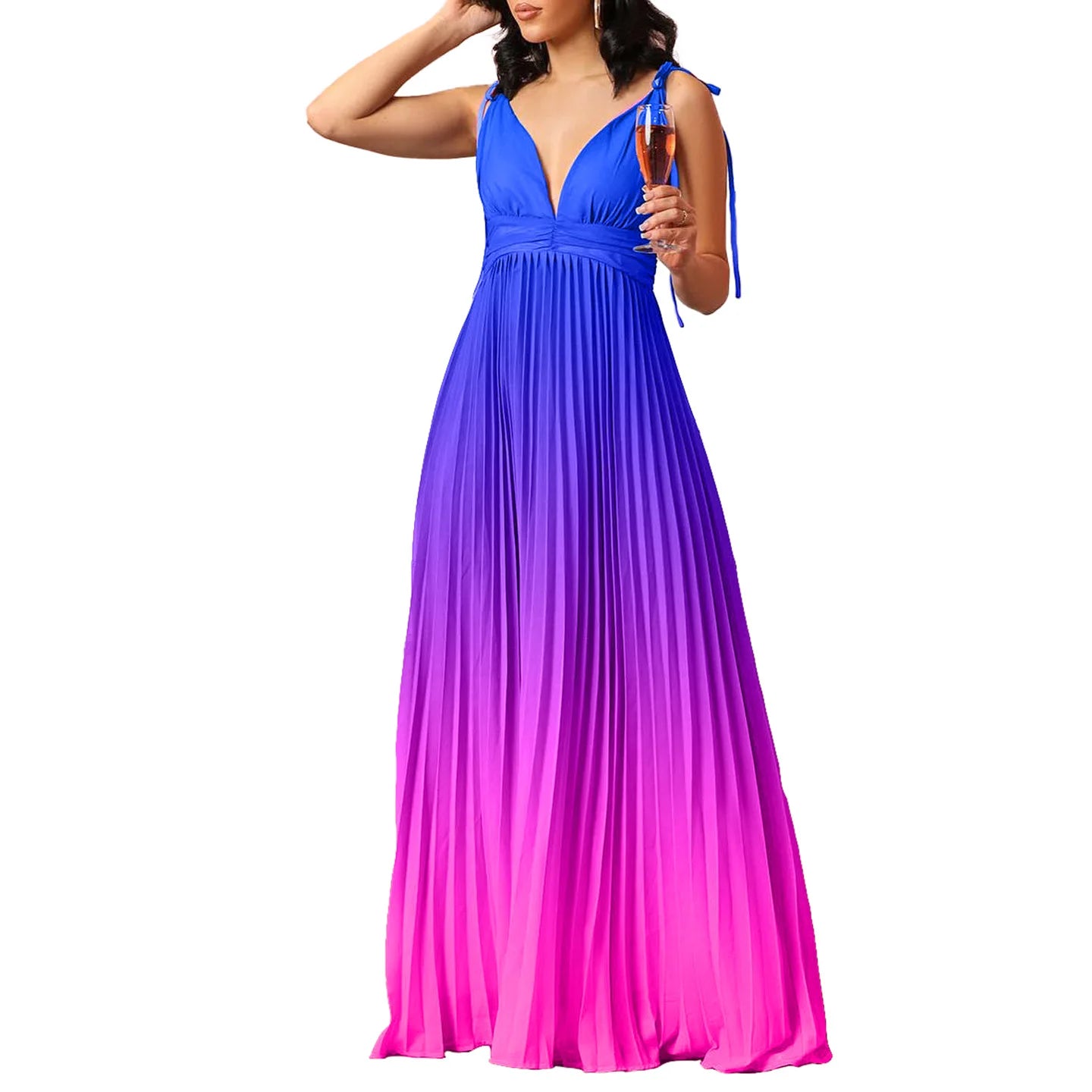 Pleated Gradient Ombre Rainbow Colorblock Sleeveless V-Neck Long Halter Maxi Dress