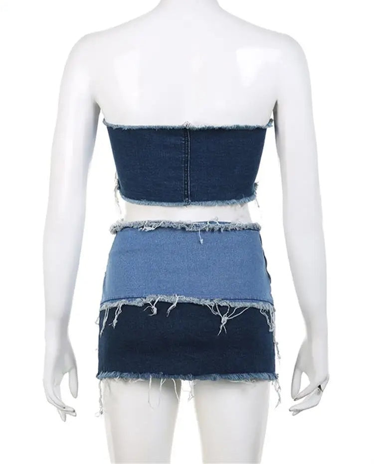 Blue Colorblock Strapless Belt Buckle Design Denim Cropped Bra + Belted Mini Jean Skirt 2-Piece Set