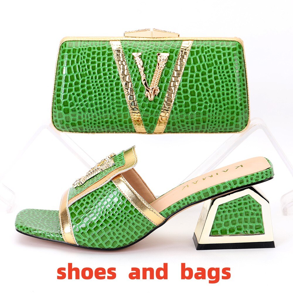 V Design Thick Heel Slipper Sandals +  Clutch Purse Set