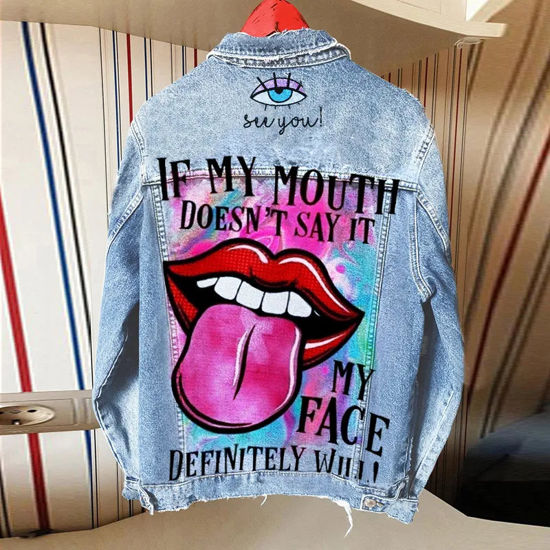 3D Paint Print Ladies Pattern Lapel Denim Jean Jackets