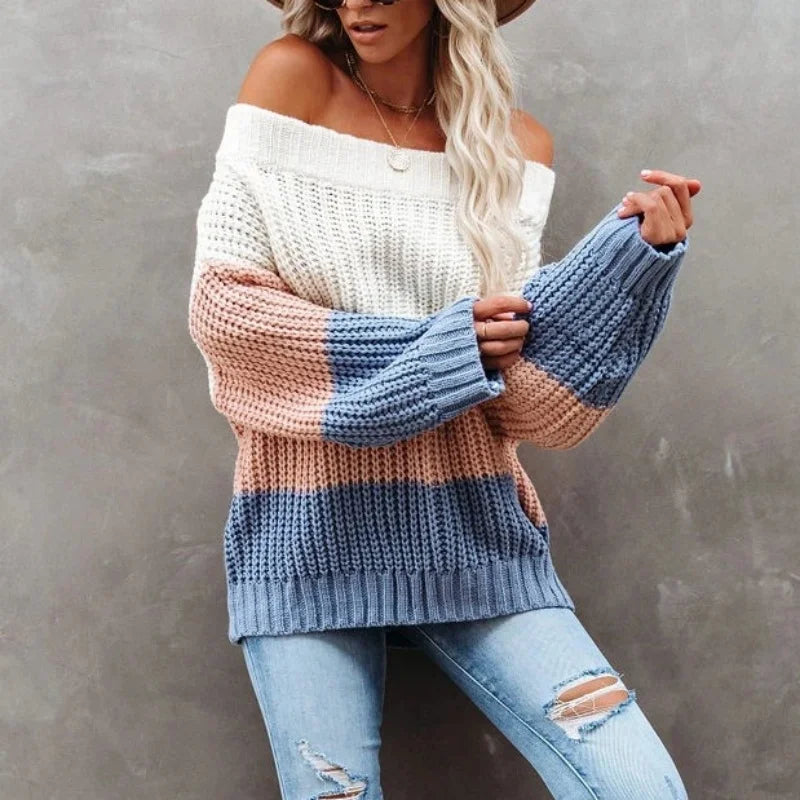 Colorblock Knitted Off-the-Shoulder Long Sleeve Women's Sweater