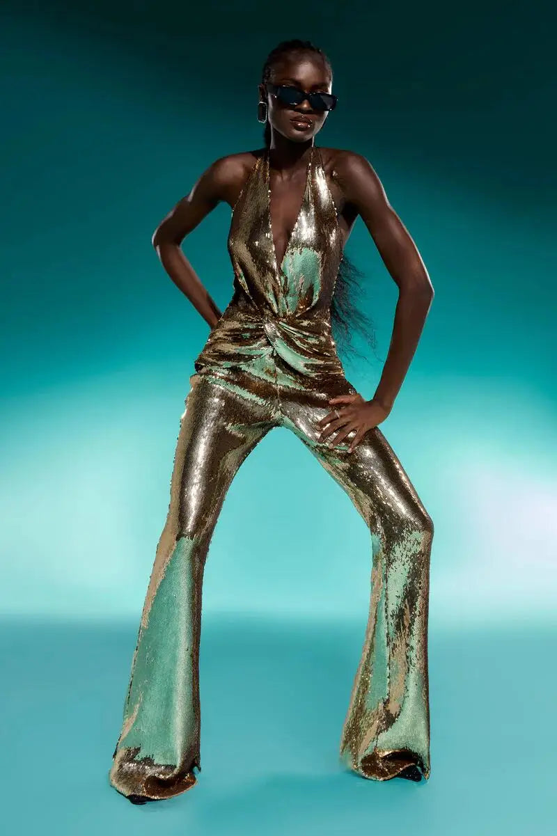 Metallic Mirror Gold Sequin Flared Pant Halter Blackless Stage Performance Formal Jumpsuit