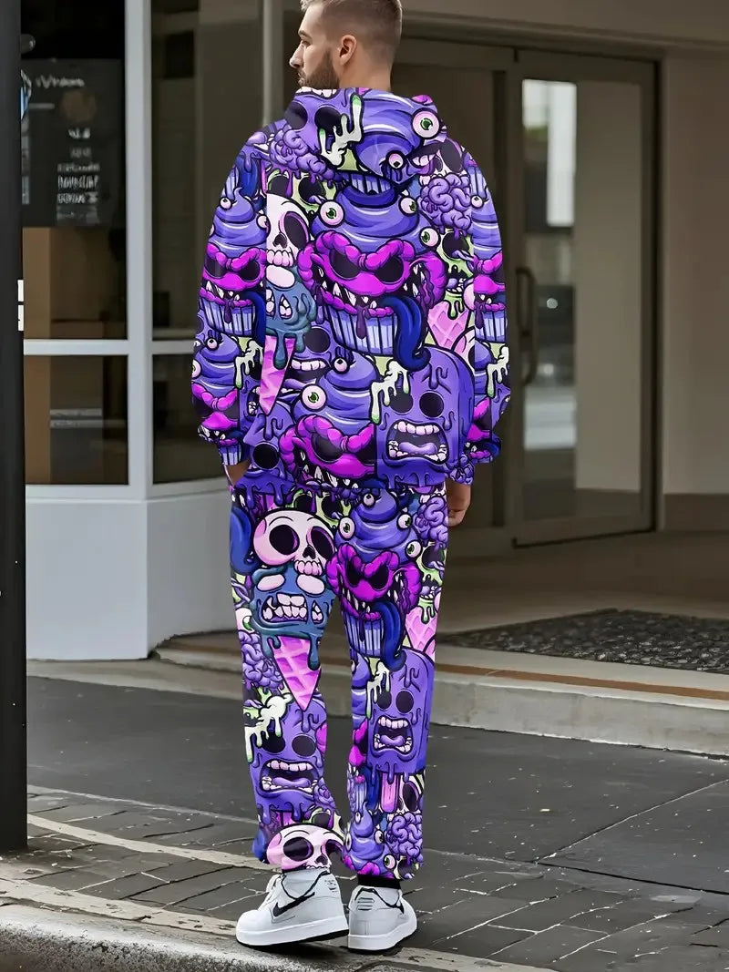 Men's Purple Skeleton Graffiti Print Hoodie Sweatshirt + Matching Sweatpants Tracksuit