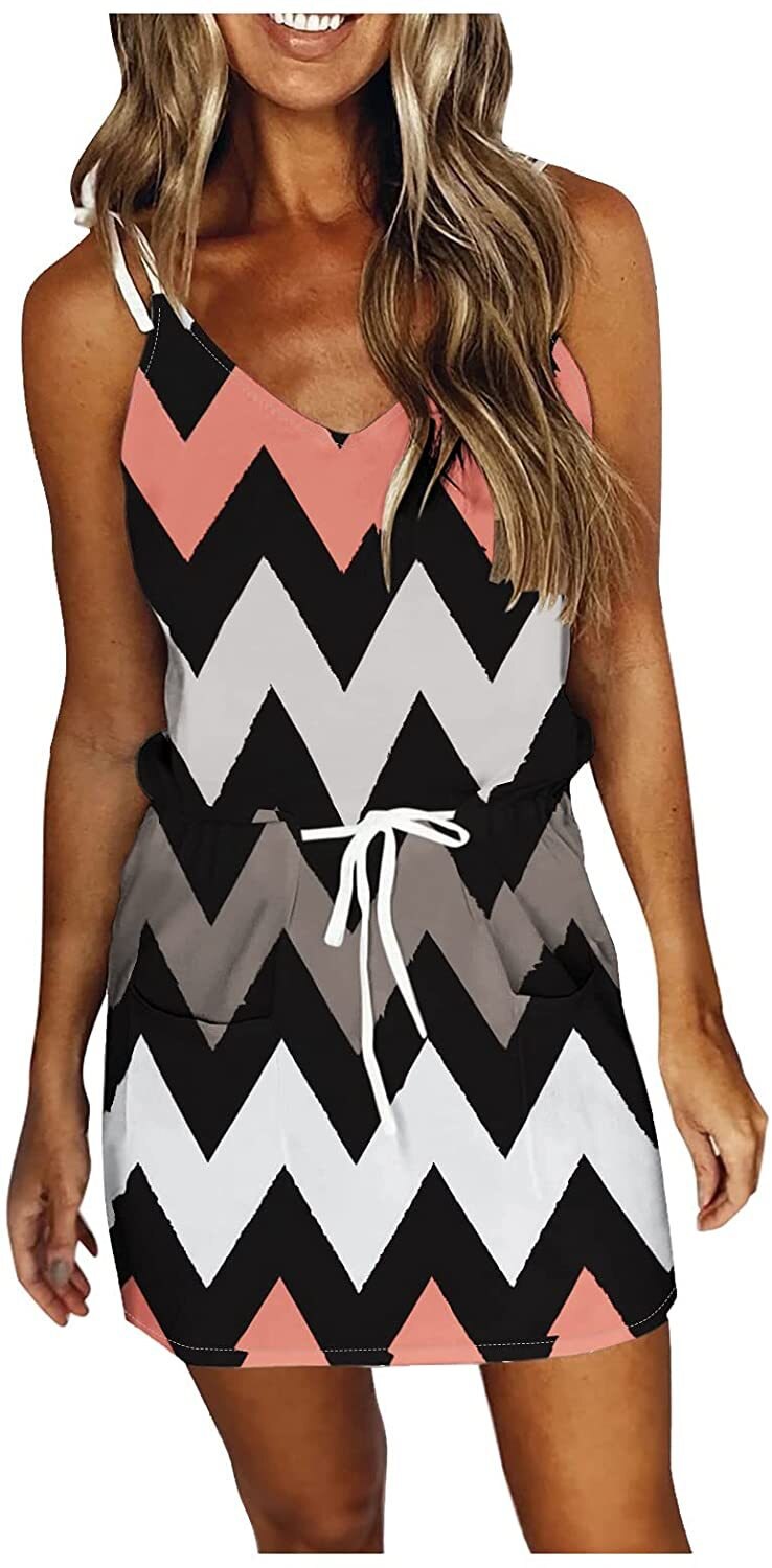 Geometric/Striped/Ombre Sleeveless V-Neck Loose Slim Sleeveless Drawstring Mini Dress to 8x Plus Size