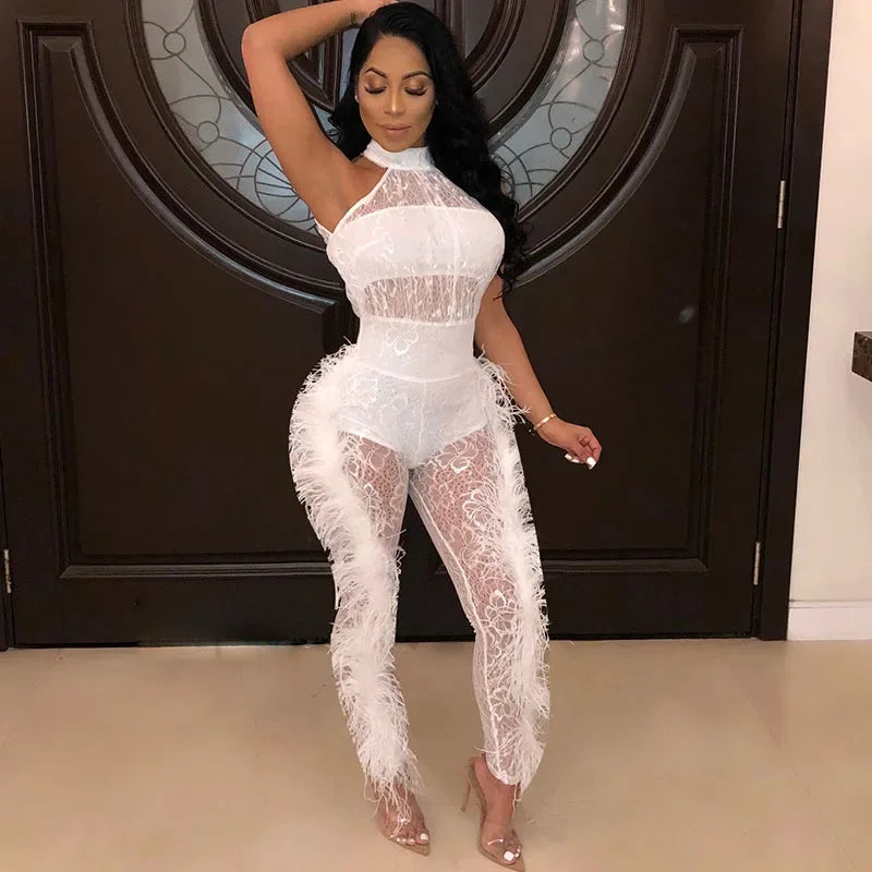 Halter Backless Sleeveless Floral Mesh Transparent Women's Pants Jumpsuit
