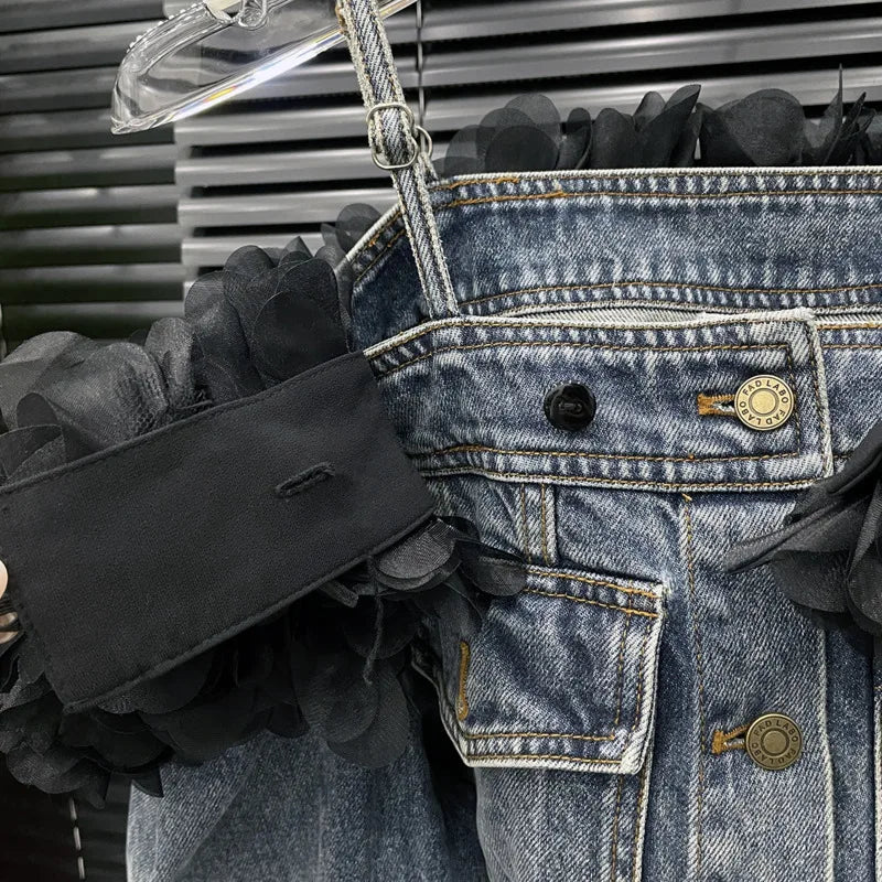 Denim Faded Light Blue Irregular Washed Black Rose Flower Trim Off-the-Shoulder Women's Double Pocket Design Jean Jacket
