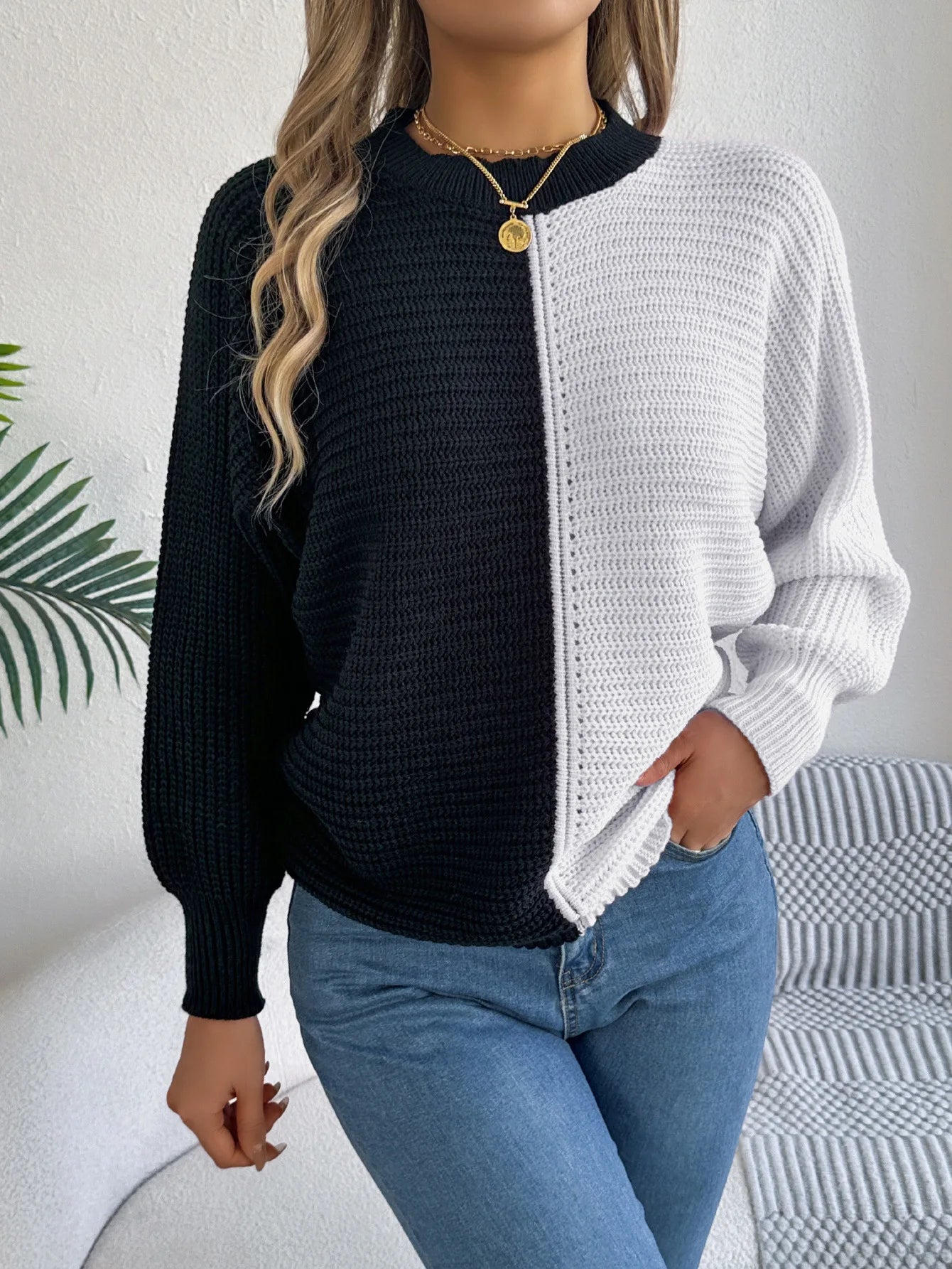 Women's Colorblock Long Sleeve Crewneck Pullover Knitted Sweater