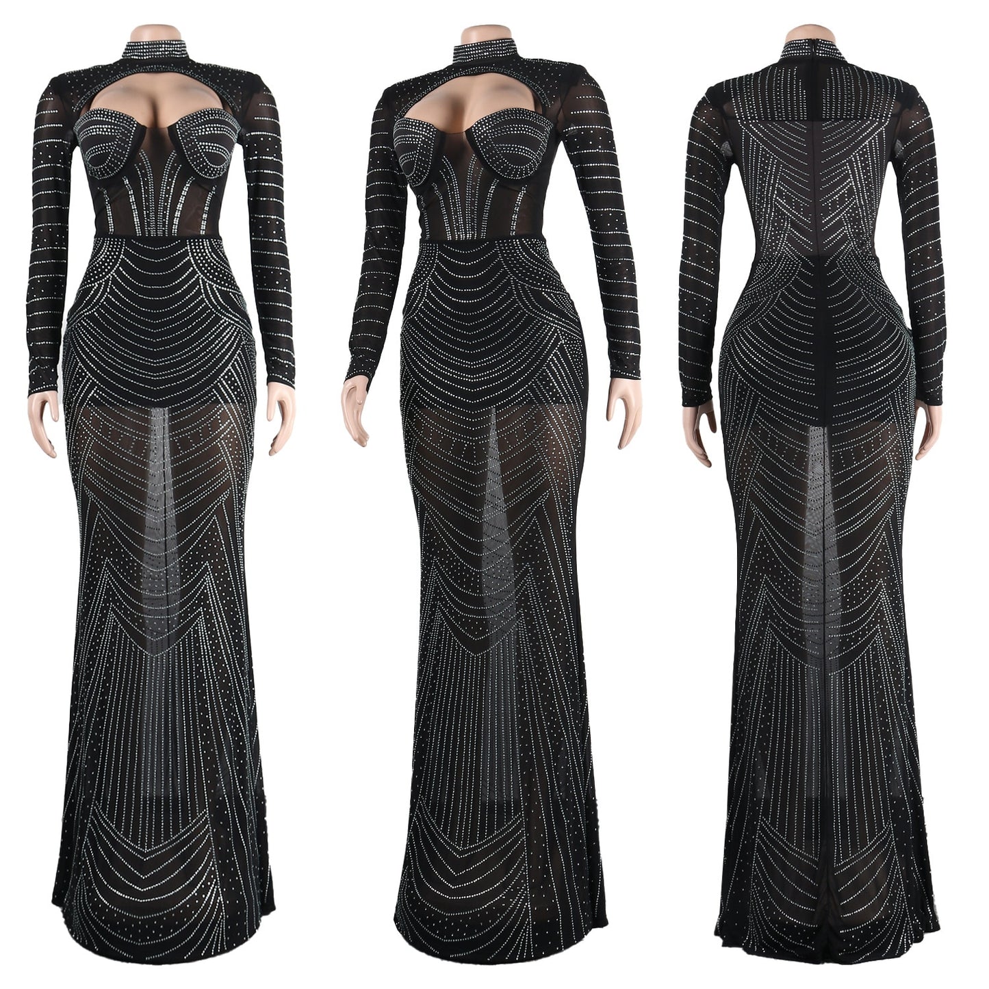 Rhinestone Mesh Cut-Out Long Sleeve Turtleneck Floor-Length Evening Gown Dress