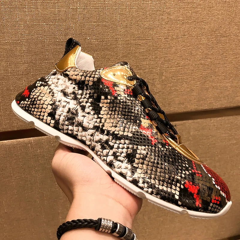 Metallic Real 100% Leather Snake Print Men's Sneakers