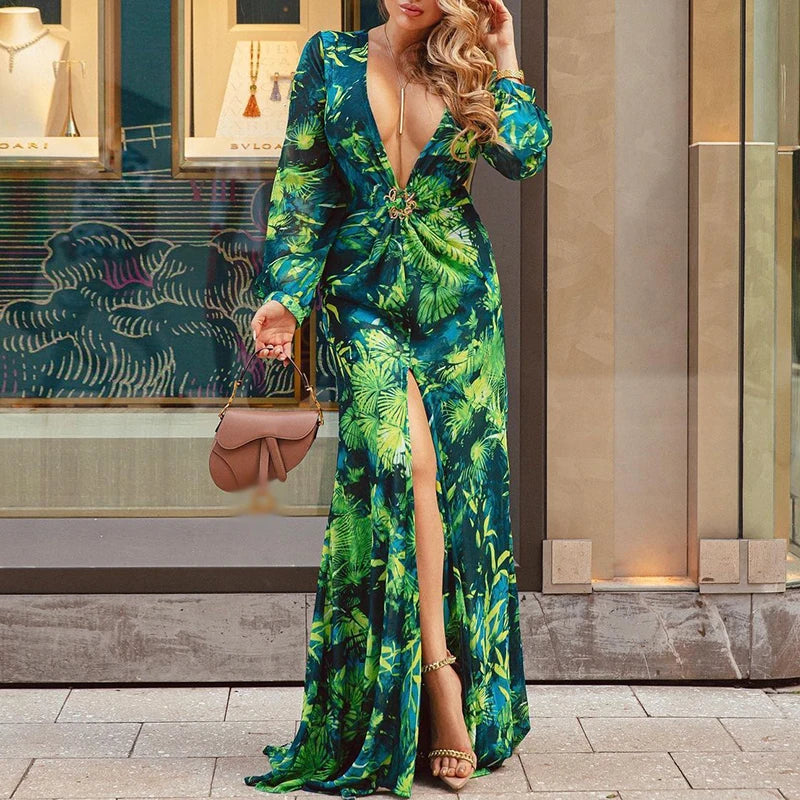 Vintage Green/Blue Floral Deep V-Neck Long Sleeve High Slit Maxi Dress