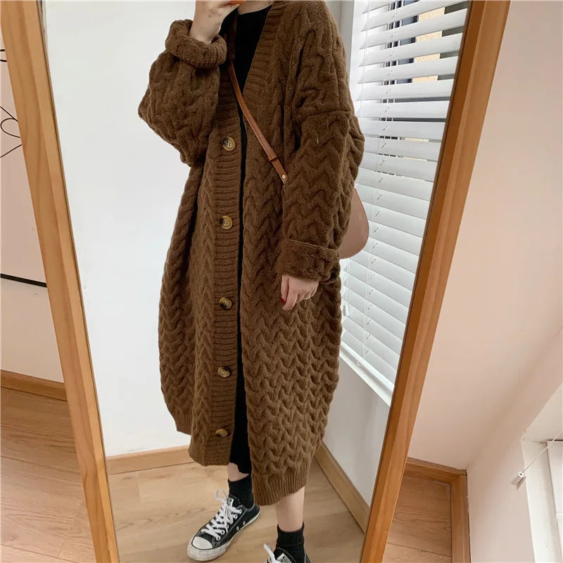 Knitted Twisted Weave Pattern Button Front Women's Maxi Cardigan Sweater