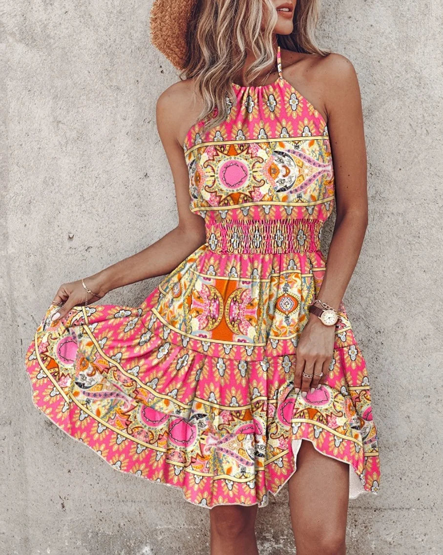 Irregular Geometric/Floral/Paisley/Tropical Print Backless Sleeveless Mini Dress