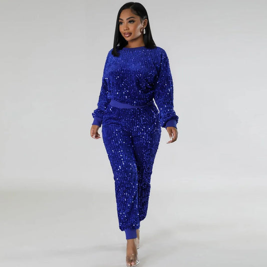 Sparkling Sequined Long Sleeve Top + Matching Elastic Pants 2-Piece Set