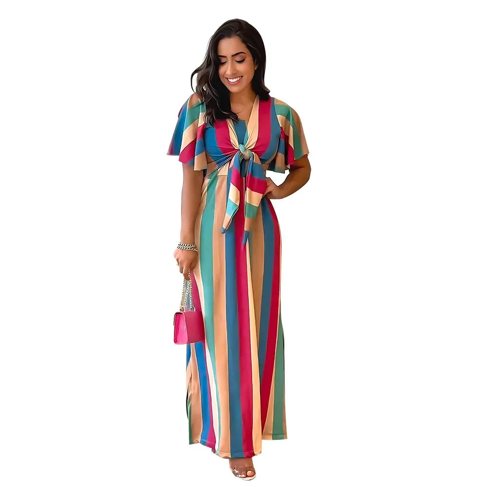 Rainbow Striped Hollow-Out Short Butterfly Sleeve Lace-Up Maxi Dress