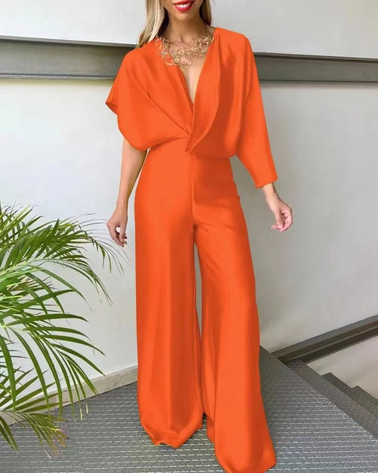 Plunge Neckline Satin Asymmetrical Sleeve Backless Wide Leg Jumpsuit