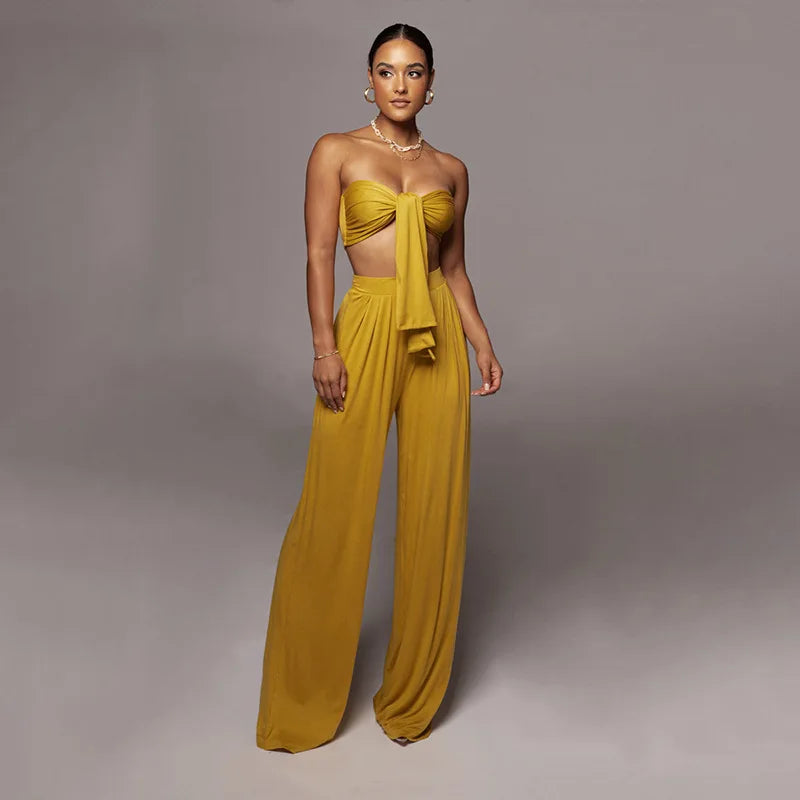Sleeveless Bowknot Design Tube Top+ Wide Leg Pants Women's Solid Color 2-Piece Set